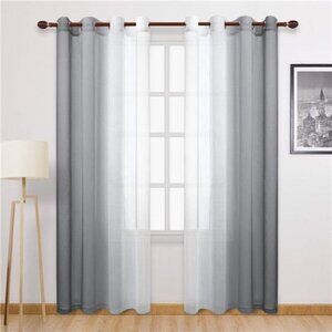 Grey Faux Linen Ombre Sheer Curtains - Semi Voile Gradient Grommet Top Curtains